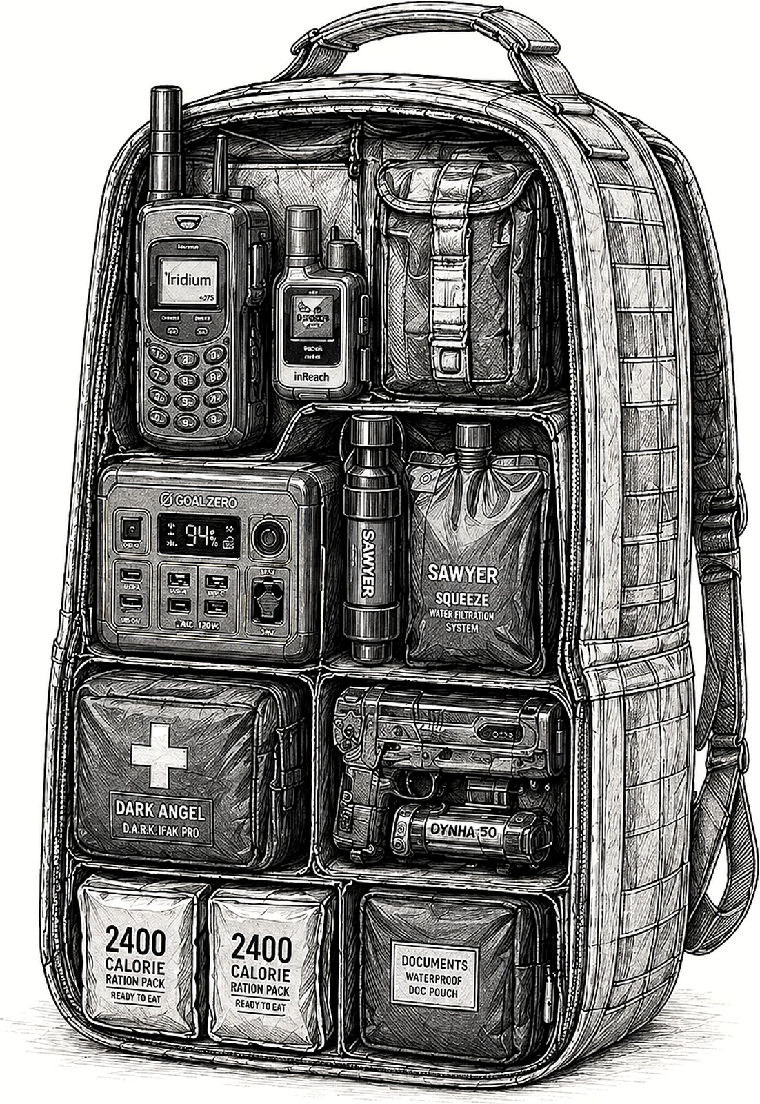 Resilient Domain Elite Deployment Kit — GoRuck GR2 40L, Iridium 9575 satellite phone, Garmin inReach Mini 2, Goal Zero Yeti 200X, Dark Angel DARK IFAK Pro, Byrna SD launcher, Sawyer Squeeze, ration packs, and waterproof document pouch.